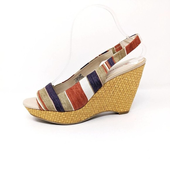 Anne Klein Shoes - Anne Klein Womens 9.5 Fortuna Stripe Fabric Slingback Rattan Wedge Sandals Boho